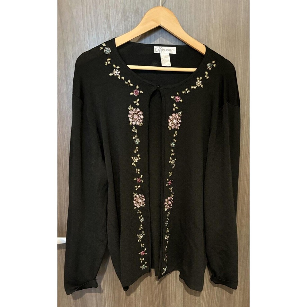 Dressbarn Cardigan Sweater Women's 22/24 Black Floral Embellished Round Neck